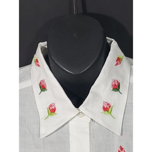 Yue Hwa Champsely Couture 38/8/Med Linen Red Roses Appliques Short Sleeve Blouse - Picture 2 of 12